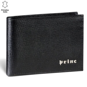 MUŠKI NOVČANIK ALFA LUXURY 4 Crni kožni novčanik sa teksturom i natpisom Princ Leather.