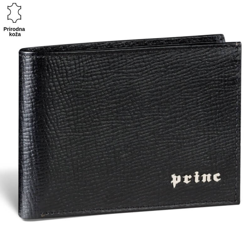 1101CRNA Crni kožni novčanik sa teksturom i natpisom Princ Leather.