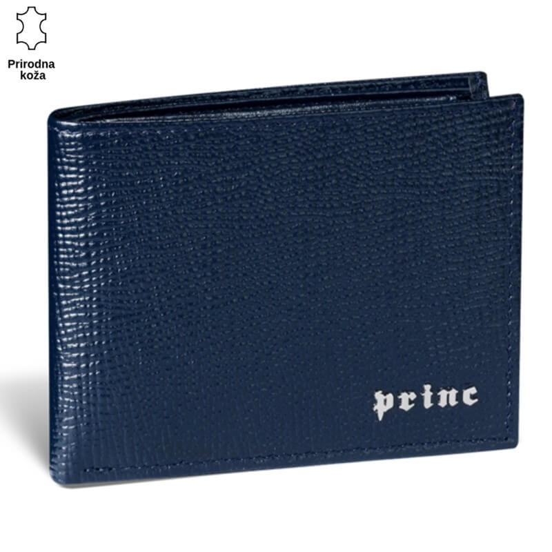 1101TEGET Tamnoplavi muški novčanik od prirodne kože sa metalik logotipom Princ Leather u donjem desnom uglu.