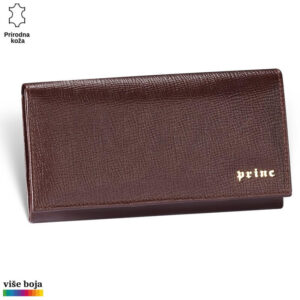 Braon kožni novčanik Princ Leather sa reljefnom teksturom i zlatnim logom sa leve strane.