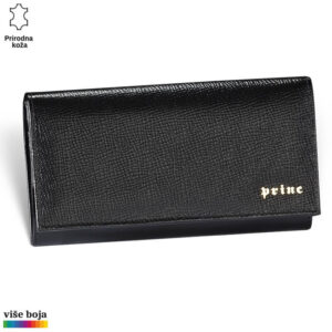 Crni kožni novčanik sa teksturom i zlatnim logotipom Princ Leather.