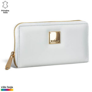 Bela kožna ženska torbica sa zlatnim detaljima i brendom Princ Leather.