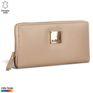 Princ Leather bež kožni novčanik sa zlatnim metalnim detaljem i patent zatvaračem.