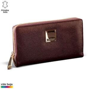 Novčanik od prirodne kože tamnobraon boje sa zlatnim zatvaračem i pločicom na kojoj piše "Princ Leather".