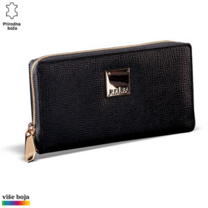 Crni kožni novčanik Princ Leather sa zlatnim zip zatvaračem i metalnim logoom.