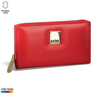 Crveni kožni novčanik Princ Leather sa zlatnom pločicom i rajsferšlusom.