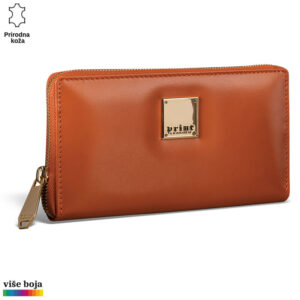 Narandžasti kožni novčanik sa zlatnim znakom Princ Leather i zatvaračem sa leve strane.