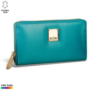 Plavi kožni novčanik sa zlatnim rajsferšlusom i logoom kompanije Princ Leather.
