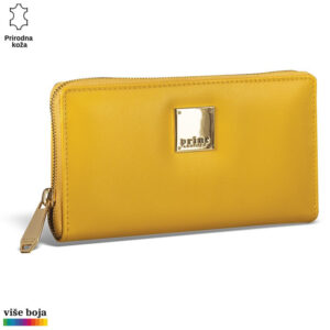 Žuti kožni novčanik sa zlatnim logoom Princ Leather na sredini.