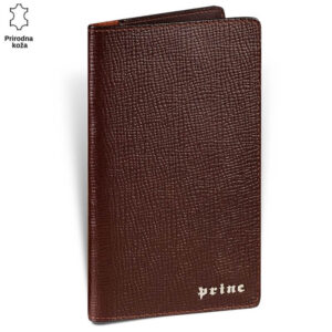 Braon kožna futrola za telefon sa logotipom Princ Leather u donjem desnom uglu.