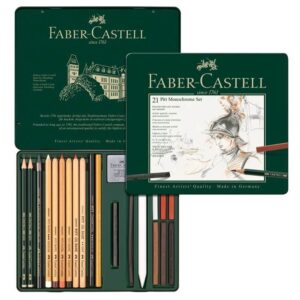 Set umetničkih olovaka i štapića Faber-Castell Pitt Monochrome u kutiji.