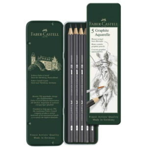 Faber Castell set od pet akvarel grafitnih olovaka u metalnoj kutiji sa crtežom umetničkog dela i četkicom.
