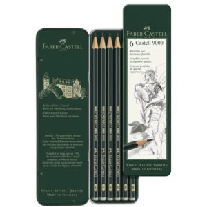 Komplet grafitnih olovaka Faber Castell 9000 u zelenoj metalnoj kutiji.