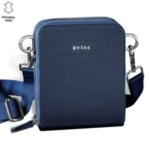 Plava kožna torbica sa srebrnim kopčama i podesivim kaišem