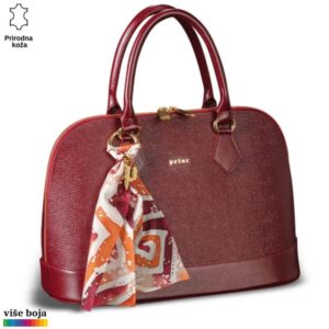 Crvena kožna tašna brenda Princ Leather sa dekorativnim šalom u različitim bojama.