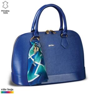 Plava kožna torba Princ Leather sa šarenom maramom i zlatnim metalnim detaljima.