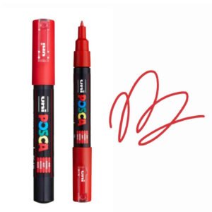 Crveni marker brenda Posca sa crvenim potezom na beloj pozadini.