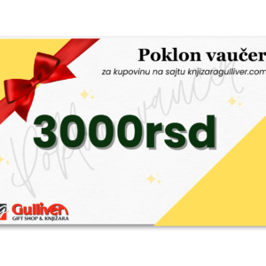 Poklon vaučer vrednosti 3000 RSD sa crvenom trakom i logom brenda Gulliver Gift Shop & Knjižara.