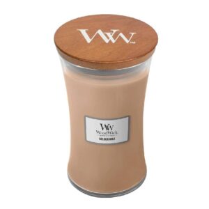 Svetlosmeđa sveća u staklenoj posudi sa drvenim poklopcem