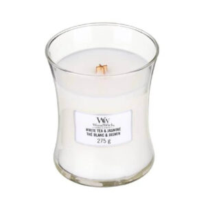 Woodwick sveća od belog čaja i jasmina u providnoj staklenoj čaši