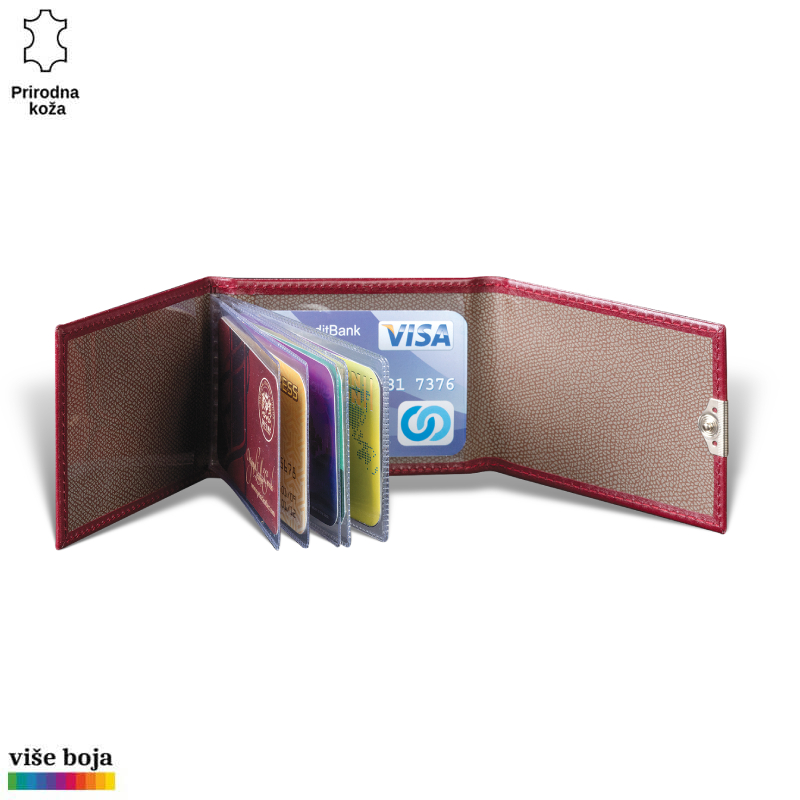 307-2 Etui za kartice veći, kožni, brenda princ leather, bordo boje otvoren sa karticama iznutra