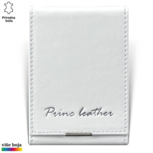 ETUI ZA KARTICE 5 Bela kožna futrola sa brendom Princ Leather utisnutim na prednjoj strani.