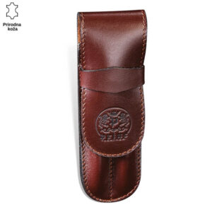Kožna futrola za nož tamnosmeđe boje sa utisnutim logom Princ Leather.
