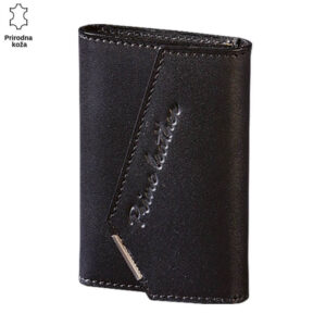 KOŽNA FUTROLA ZA KLJUČEVE PREKLOP 3 Crni kožni novčanik brenda Princ Leather sa vertikalnim šavovima i diskretnim metalnim detaljem u donjem uglu.