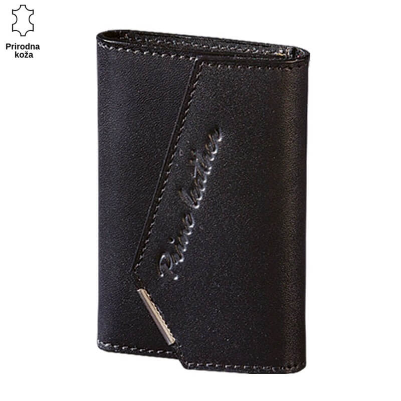 312cr Crni kožni novčanik brenda Princ Leather sa vertikalnim šavovima i diskretnim metalnim detaljem u donjem uglu.