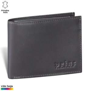 Sivi kožni novčanik sa logoom Princ Leather u donjem desnom uglu.