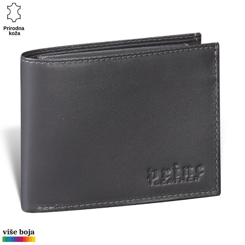 325siva Sivi kožni novčanik sa logoom Princ Leather u donjem desnom uglu.