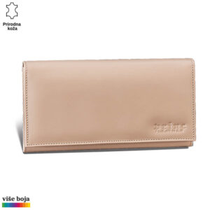 ŽENSKI KOŽNI NOVČANIK ALFA 1 Bež kožna torba brenda Princ Leather sa logom na prednjoj strani.