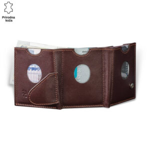 Smeđi kožni novčanik brenda Princ Leather sa prozirnim pregradama i dokumentima.