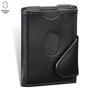 Crni kožni novčanik Princ Leather sa preklopnim dizajnom i zaobljenim detaljem.
