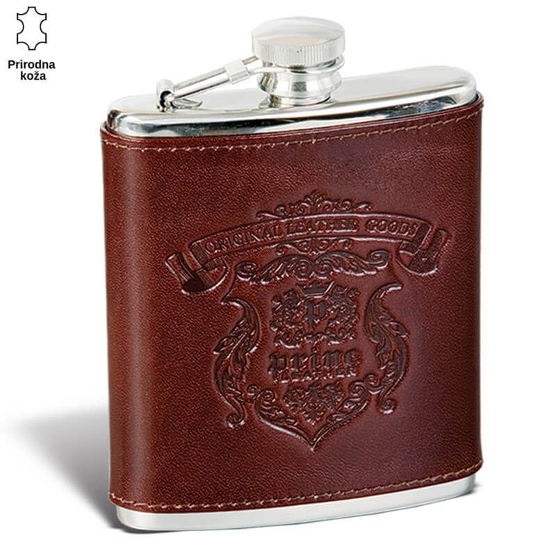 345-1 Srebrna pljoska presvučena tamnosmeđom kožom sa utisnutim ukrasnim reljefom i logom Princ Leather.