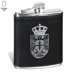 PLJOSKA 1 Kožna pljoska sa grbom Srbije od nerđajućeg čelika brenda Princ Leather.