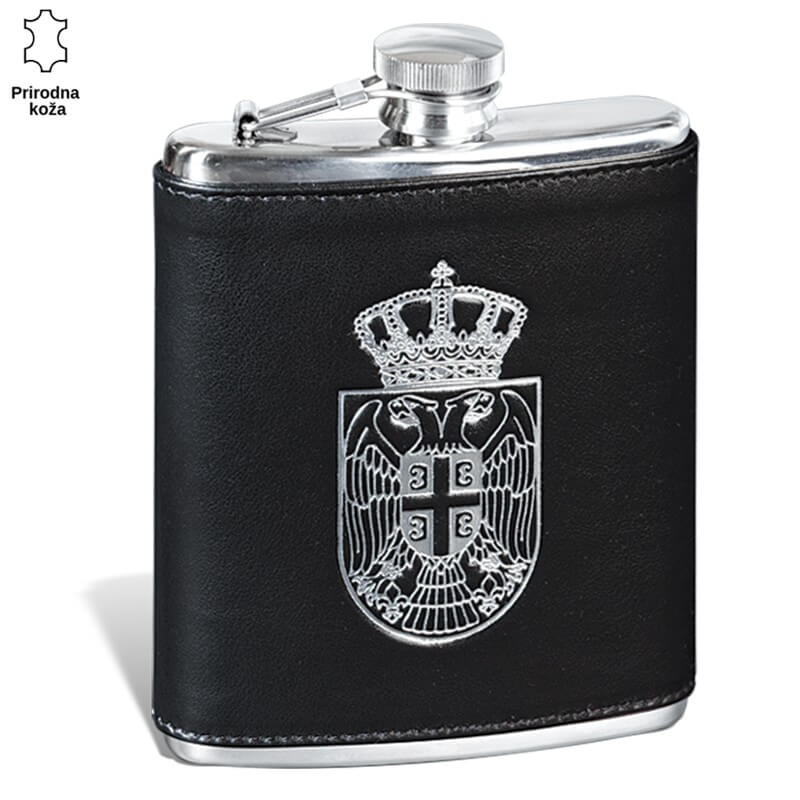 345-2 Kožna pljoska sa grbom Srbije od nerđajućeg čelika brenda Princ Leather.