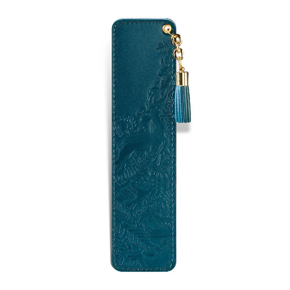 350pl Kožni plavi obeleživač za knjige sa ugraviranim šarama i zlatnim lančićem i resicom