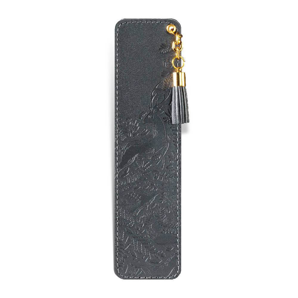 350s Crna kožna oznaka za knjige sa utisnutim teksturiranim floralnim dizajnom i zlatnim priveskom sa resicom