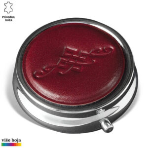 DŽEPNA KUTIJA ZA LEKOVE 3 Crni okrugli podmetač od prirodne kože u crvenoj boji sa gravurom