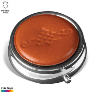 DŽEPNA KUTIJA ZA LEKOVE 7 Smeđa kožna futrola sa utisnutim ornamentalnim motivom na metalnom okviru