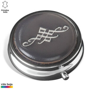 DŽEPNA KUTIJA ZA LEKOVE 11 Crna okrugla kutija sa metalnim ivicama i ukrasnim motivom na poklopcu