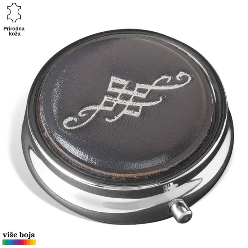 355siva Crna okrugla kutija sa metalnim ivicama i ukrasnim motivom na poklopcu