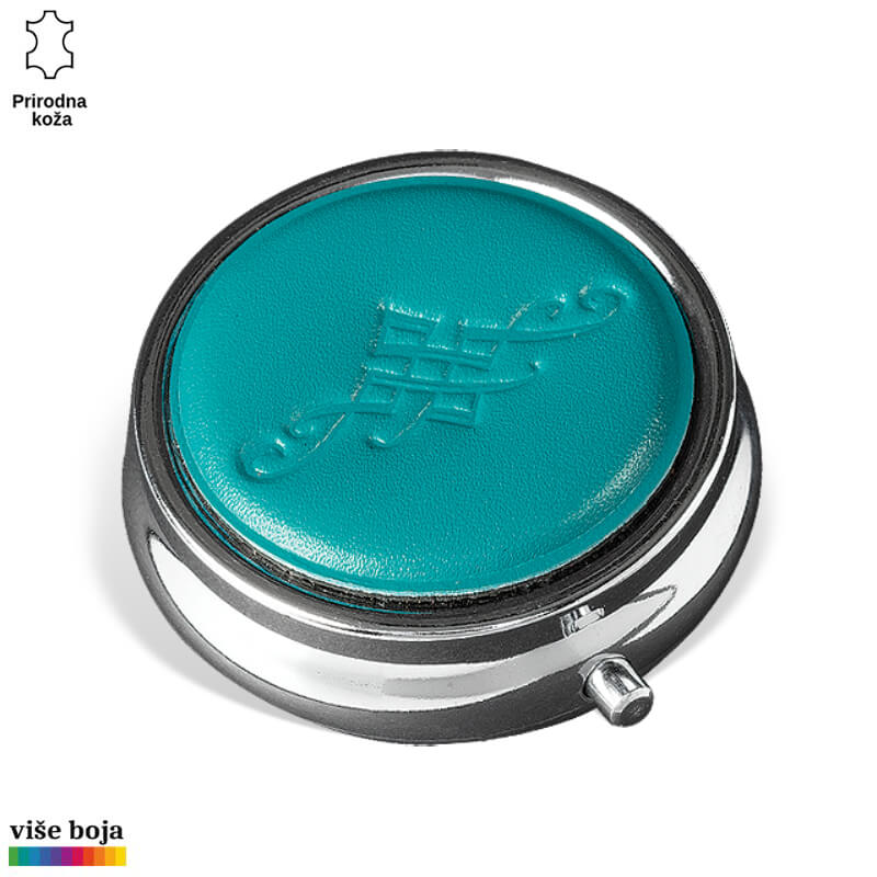 355tirkiz Tirkizna okrugla metalna kutija sa utisnutim ornamentom