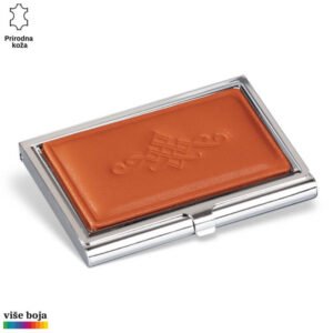 Srebrna metalna futrola sa poklopcem od narandžaste prirodne kože i ispisanim logoom brenda Princ Leather.