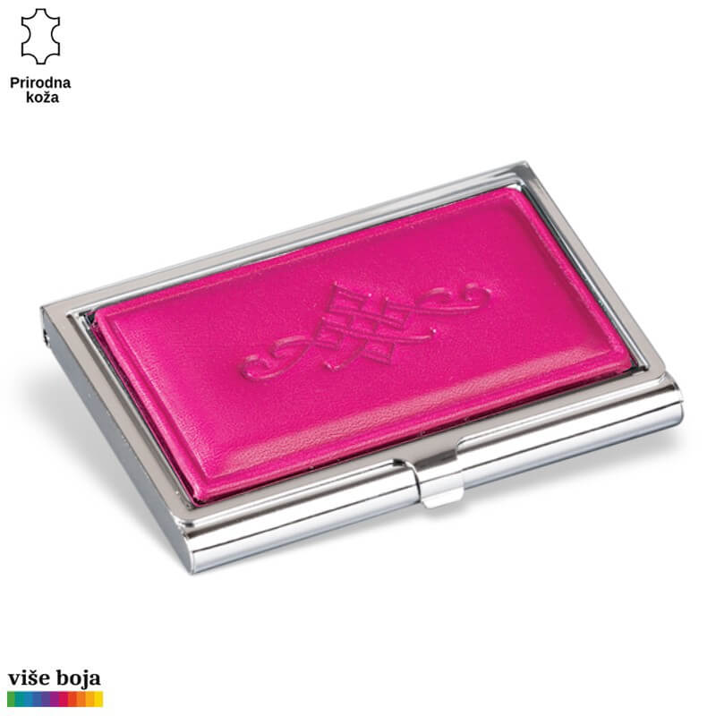 364roze Narandžasti kožni futrolu za vizit karte od Princ Leather sa ugraviranim šarama i metalnim okvirom.
