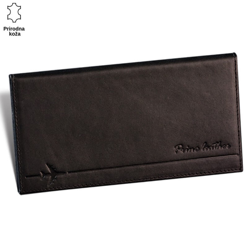 375CRNA Crni kožni novčanik sa reljefnim logom Princ Leather i motivom aviona u donjem levom uglu.