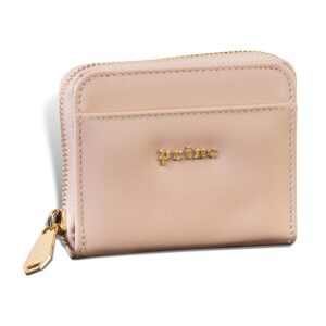 Bež kožni novčanik sa zlatnim rajsferšlusom i logotipom Princ Leather na prednjoj strani.