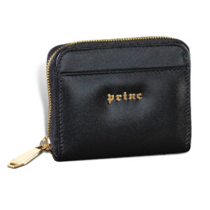 Crni kožni novčanik sa zlatnim rajsferšlusom i utisnutim imenom brenda Princ Leather.