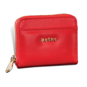 Crveni kožni novčanik sa zlatnim rajsferšlusom i logotipom Princ Leather.